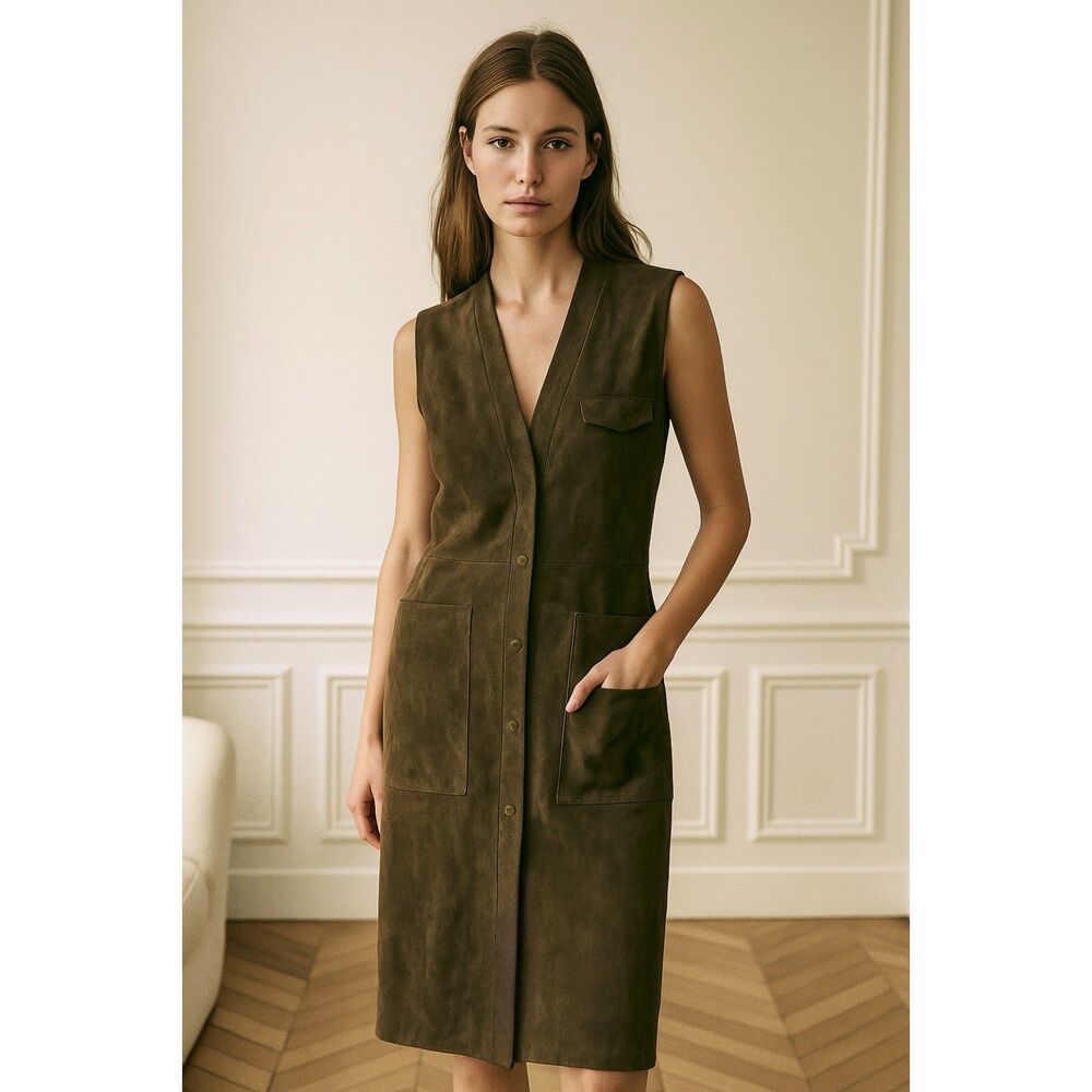 SET Suede Leather Sleeveless Midi Dress in Green 8 NWOT